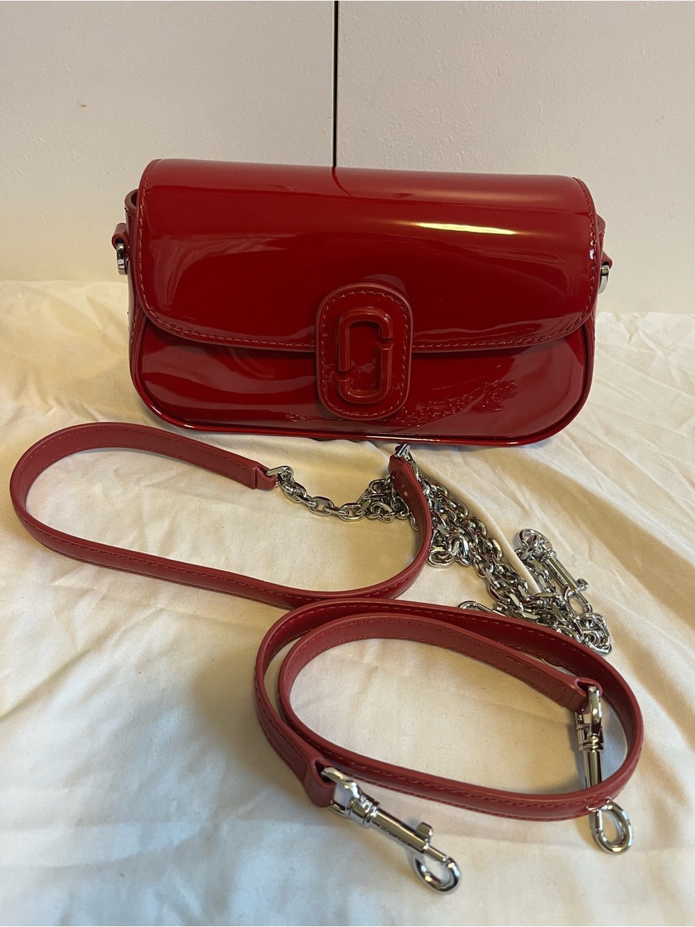 Marc Jacob Cherry Red Patent Leather Shoulder Bag with Chain Strap